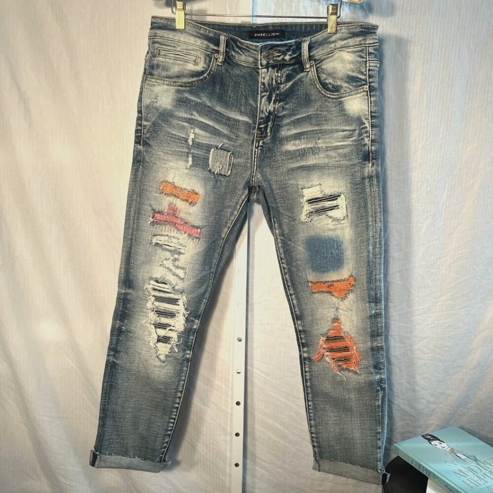 Embellish NYC Denim Distressed Jeans with Patchwork Detail and Raw Hem - Size 34